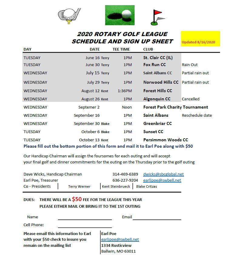 Golf League Schedule ~ Updated 8/16/2020 - St. Louis Rotary Club 11 | St Louis, MO ...