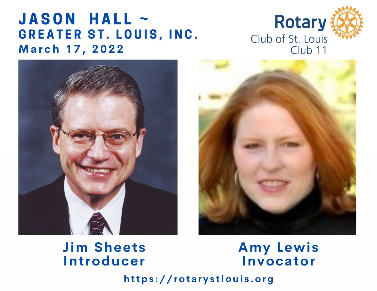 Jim Sheets, Introducer and Amy Lewis, Invocator - March 17, 2022 at St. Louis Rotary Club Lunch