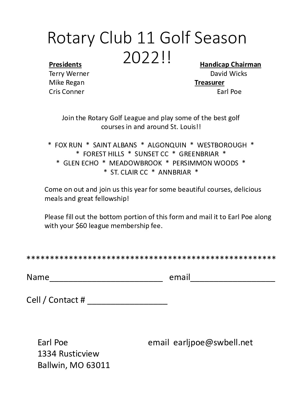 Rotary Golf League 2022 Dues flyer
