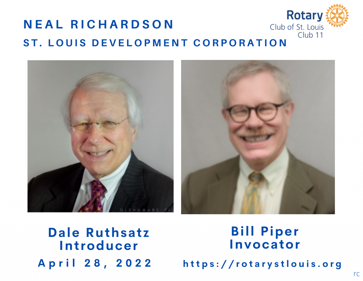 Dale Ruthsatz, Introducer and Bill Piper, Invocator at St. Louis Rotary 4-28-22