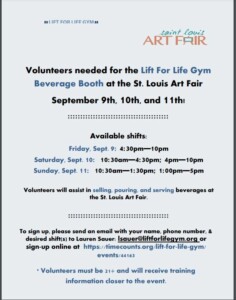 Art Fair Volunteer Opp - Lift for LIfe Beverage Booth Sept 9-11, 2022