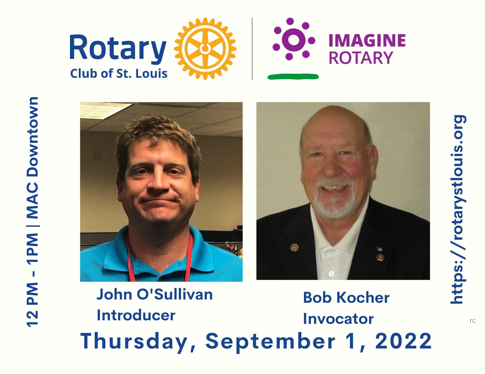 John O'Sullivan, Introducer and Bob Kocher, Invocator at St. Louis Rotary on September 1, 2022