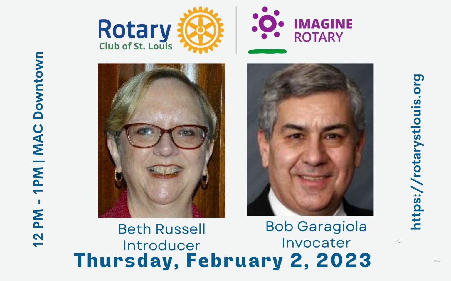 Beth Russell, Introducer and Bob Garagiola, Invocator 2-2-23 at St. Louis Rotary Club