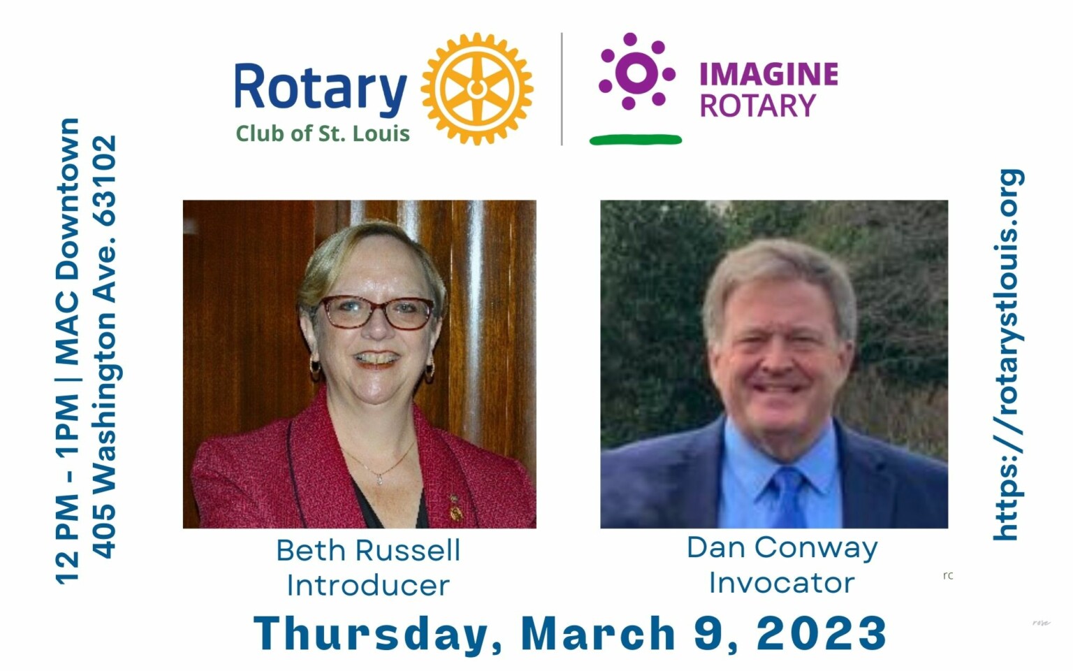 Beth Russell, Introducer and Dan Conway, Invocator on March 9, 2023 at St. Louis Rotary Club