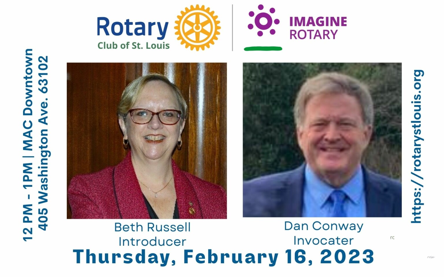 Beth Russell, Introducer & Dan Conway, Invocator on February 16, 2023 at St. Louis Rotary Club