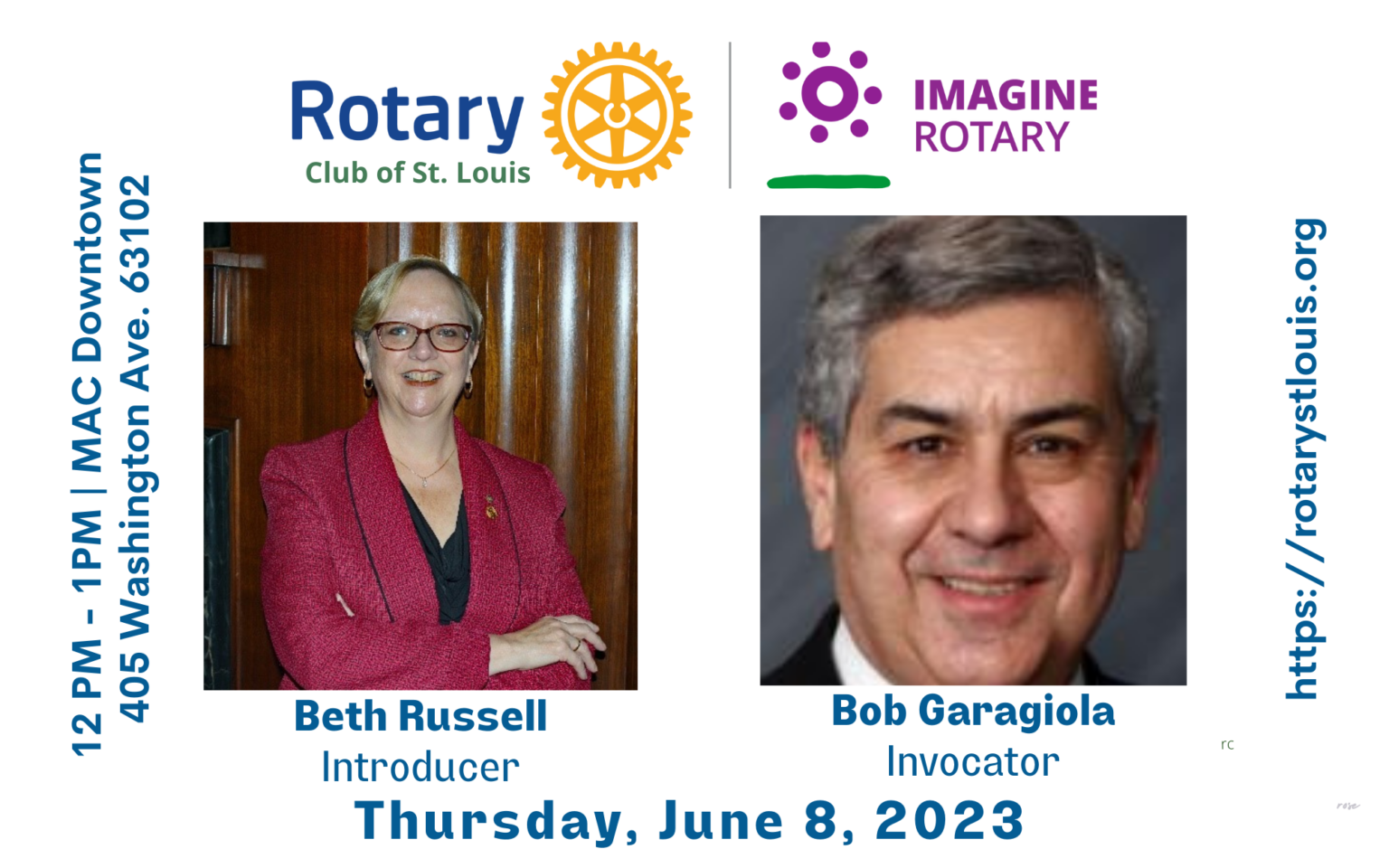 Beth Russell, Introducer and Bob Garagiola, Invocator 6-8-23 STL Rotary