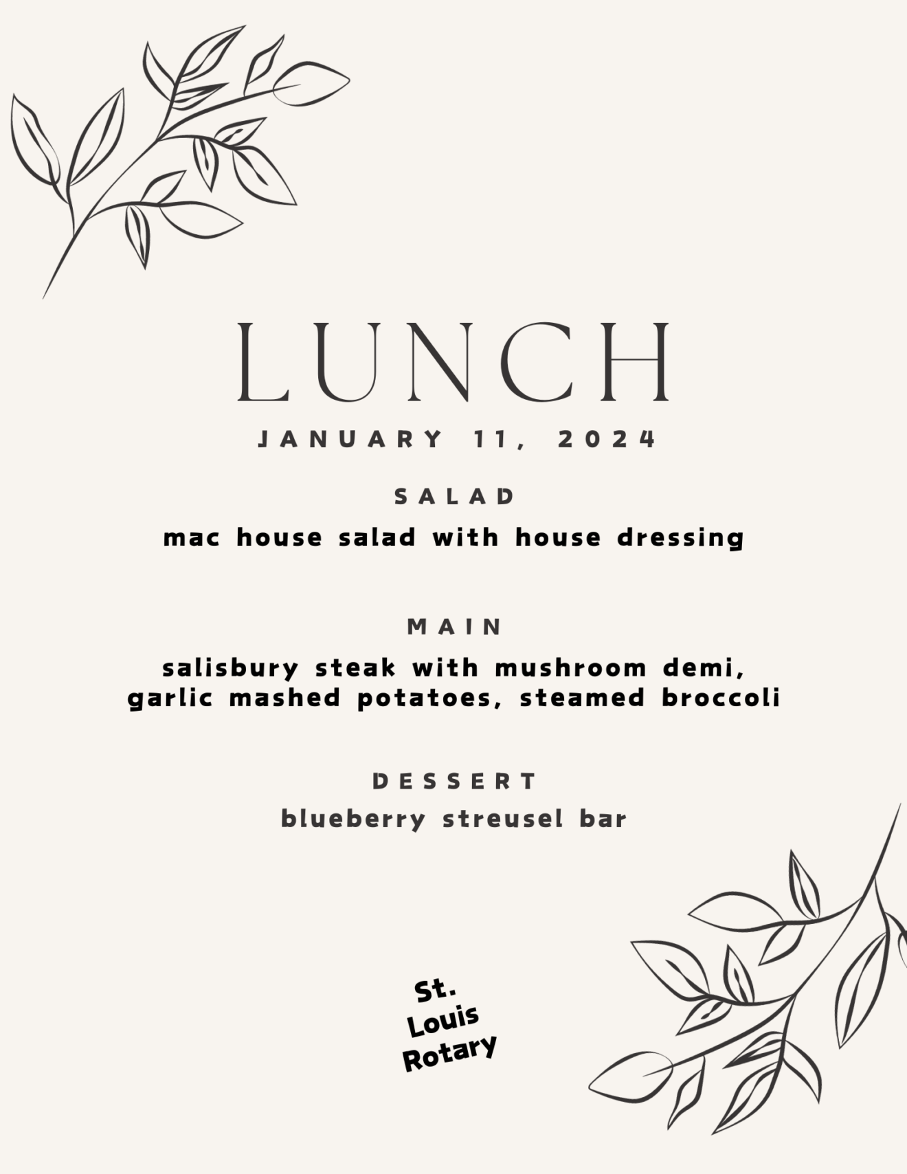 St. Louis Rotary Lunch Menu ~ January 11, 2024