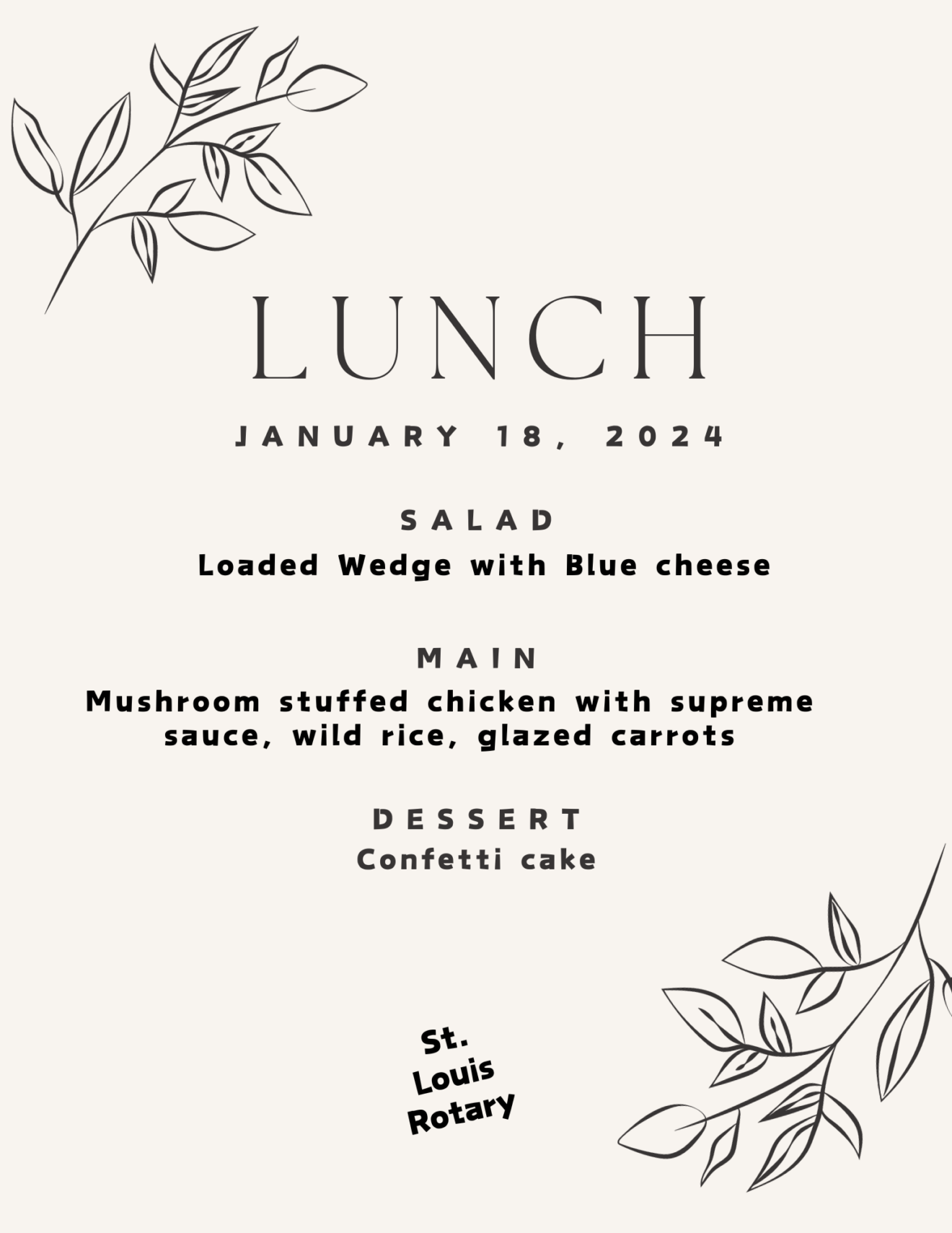St. Louis Rotary Lunch menu 1-18-24