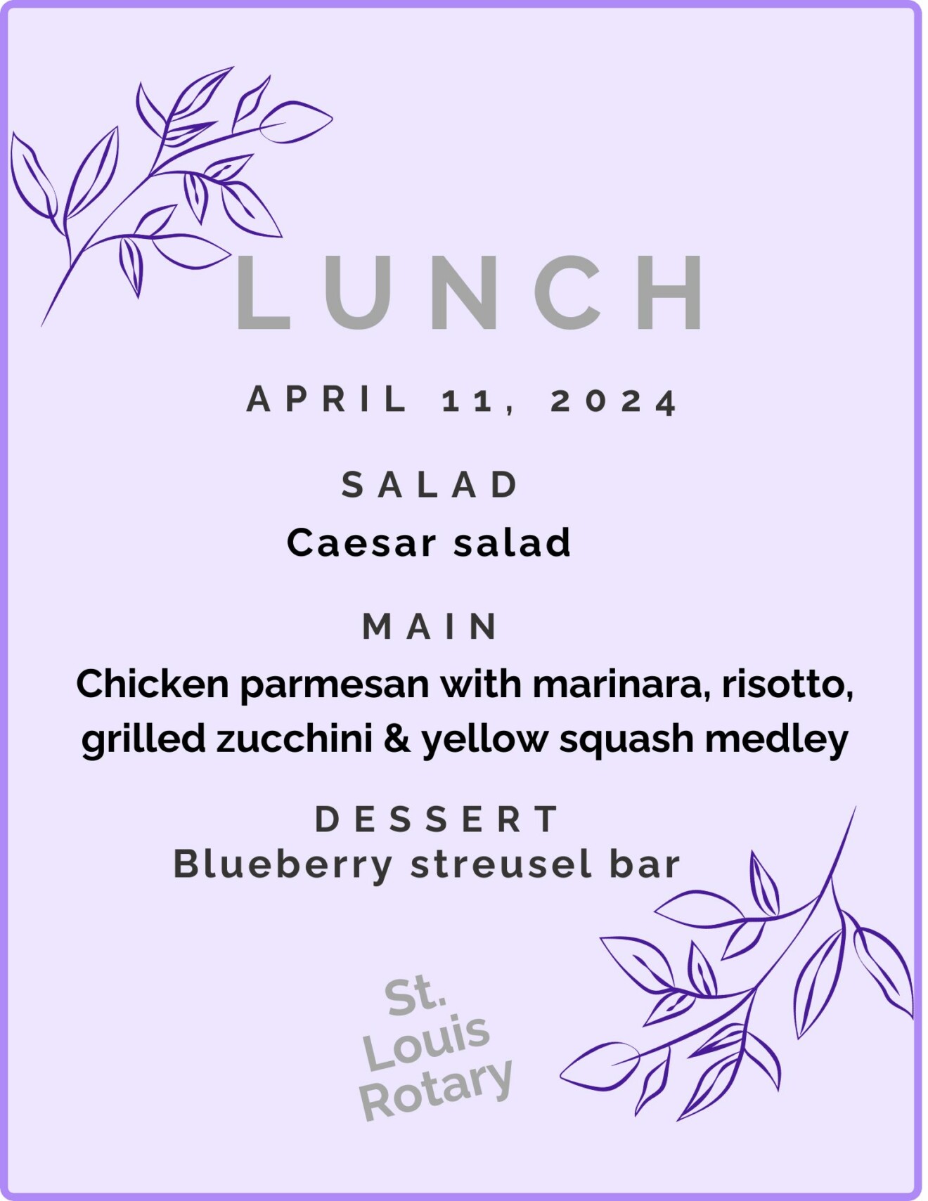 4-11-24 Lunch Menu for St. Louis Rotary Club