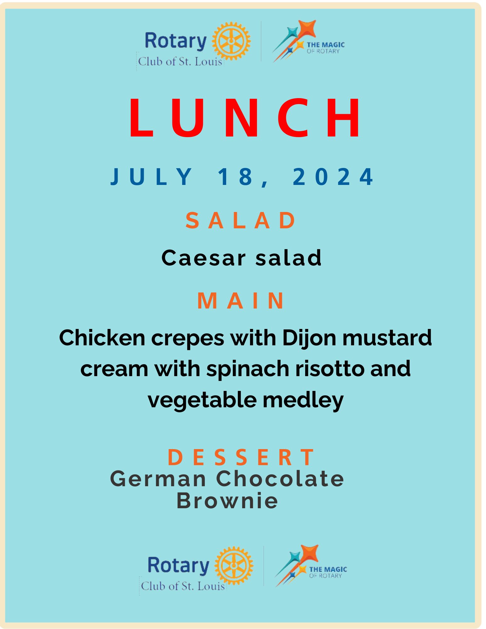 St. Louis Rotary Lunch menu 7-18-24