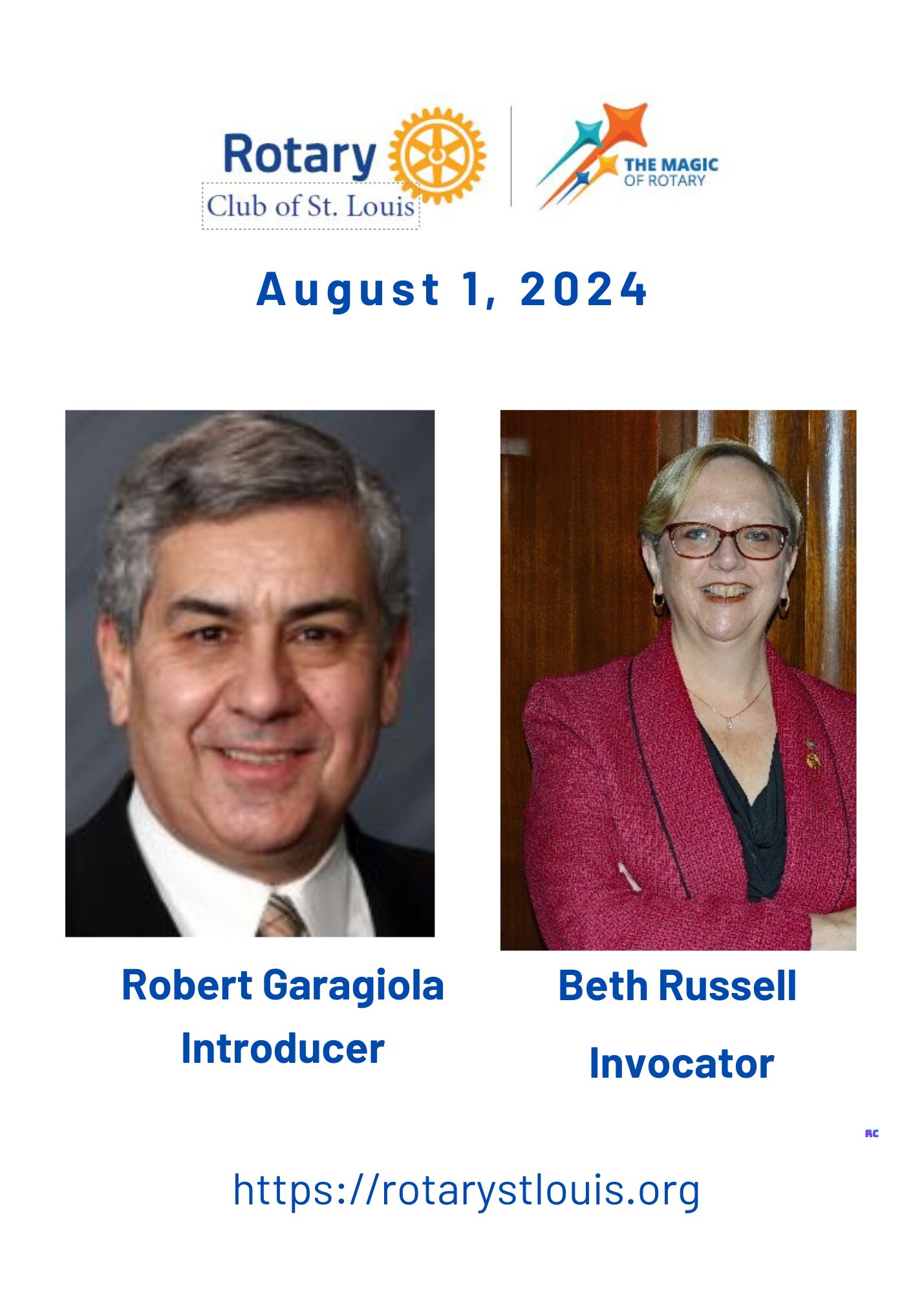 Robert Garagiola Introducer and Beth Russell, Invocator on 8-1-24 at St. Louis Rotary Club