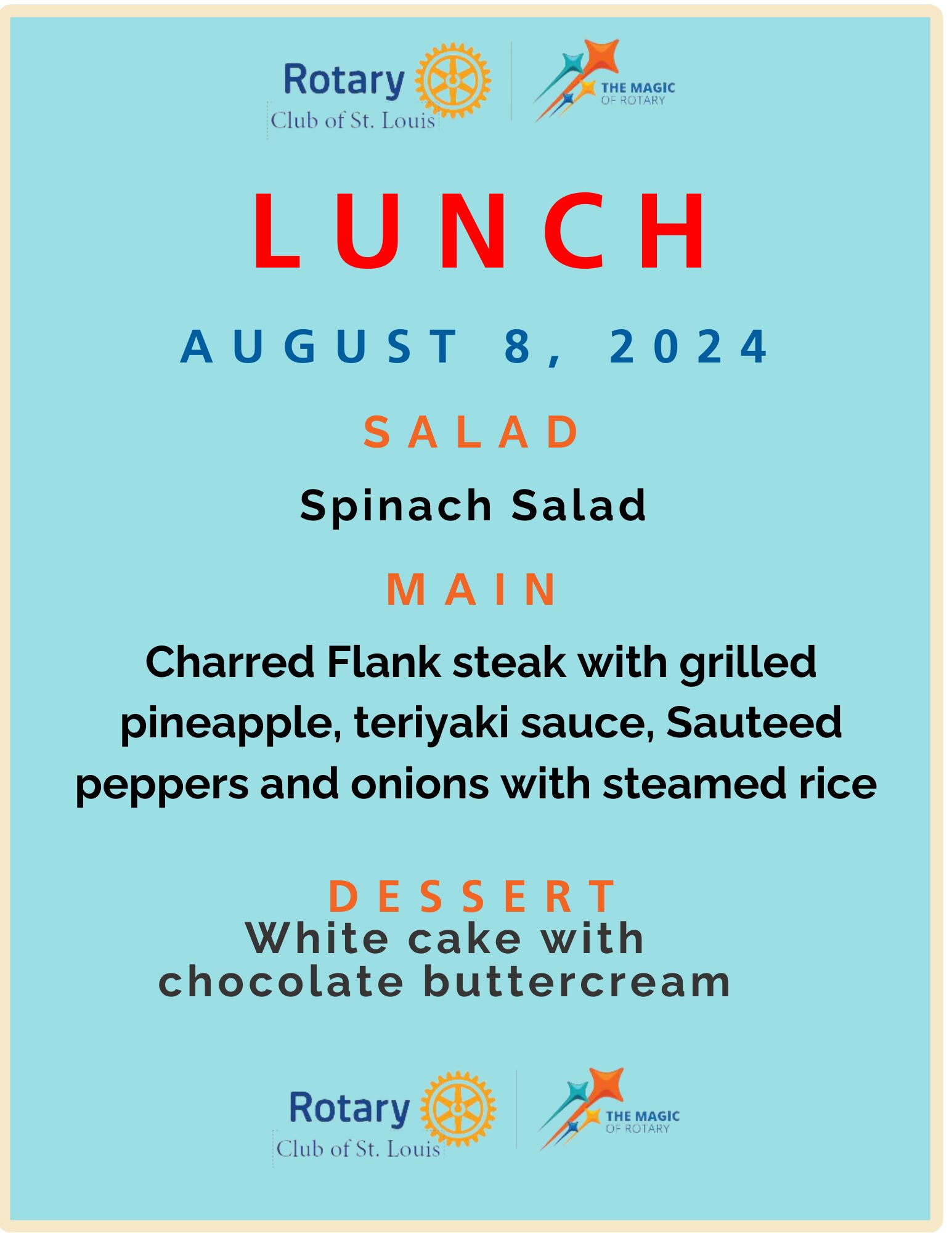 Lunch Menu 8-8-24 at St. Louis Rotary